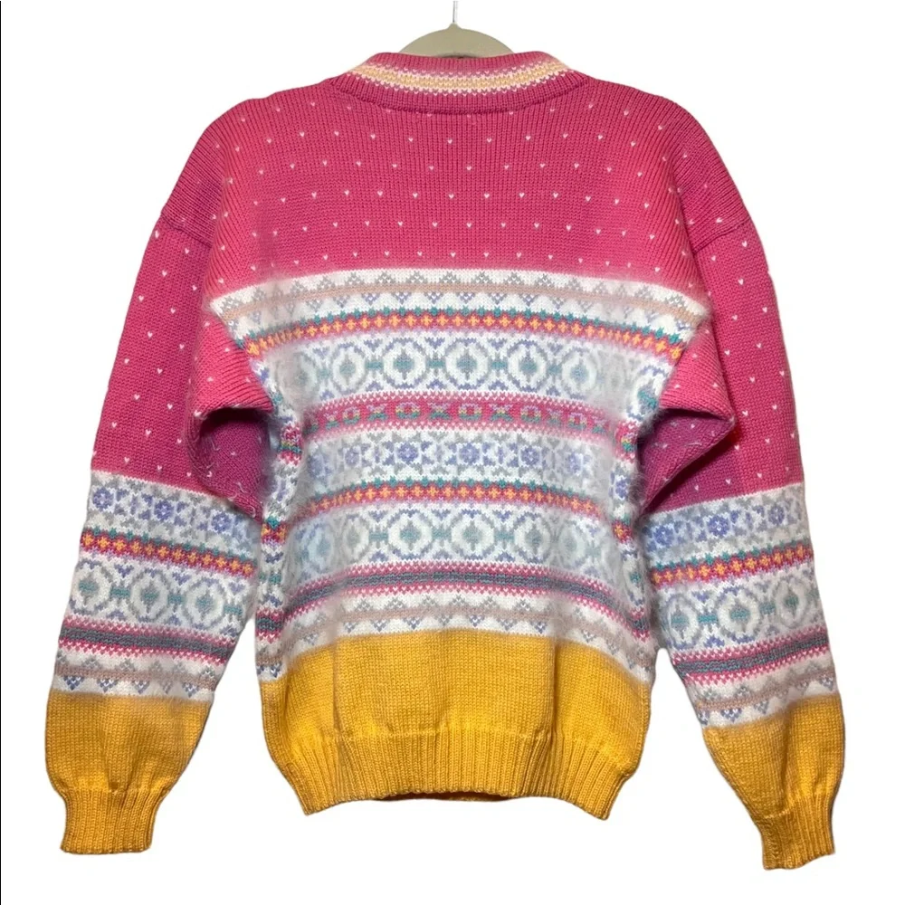 Vintage Marceau Wool Angora Fair‎ Isle Sweater Fuzzy Pink Mustard Cottagecore